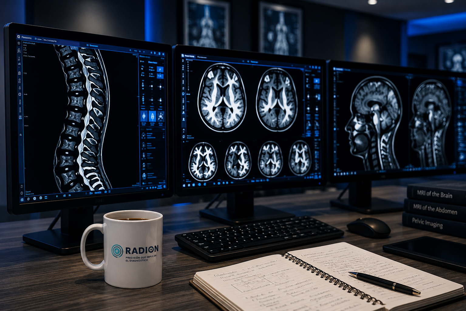 Estación de trabajo de radiología con estudios de diagnóstico por imagen